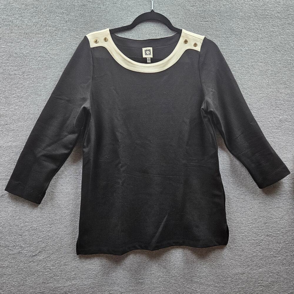 Anne Klein Medium Black White3 Shirt Brass Buttons Slit sides Stretch Office
